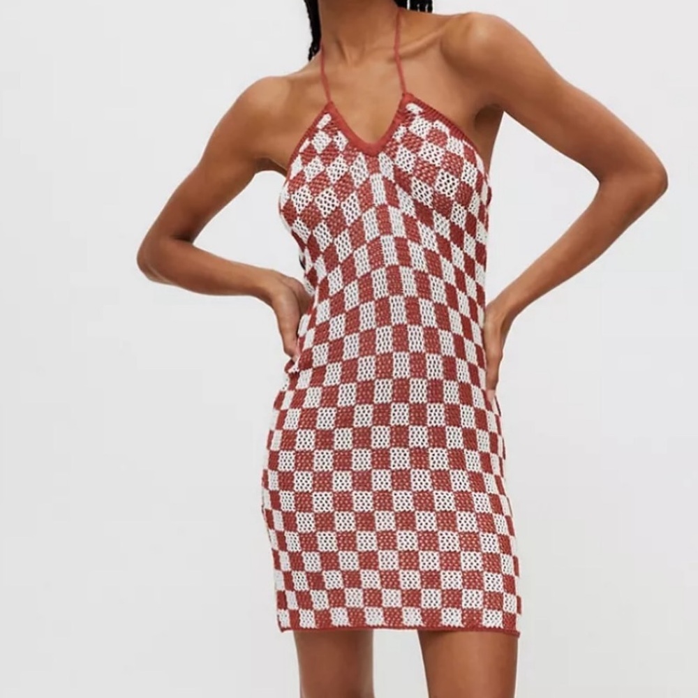 Isalis Village Crochet Halter Mini Dress in Rust - Picture 1 of 8